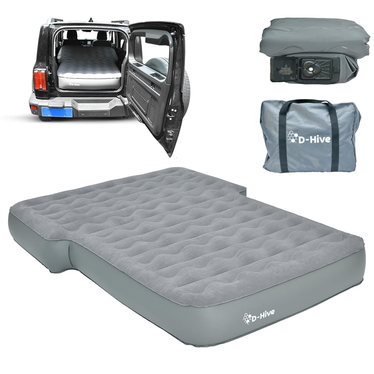 D-Hive SUV Air Mattress, Ultra-Thick Material Extra-High Car Air Mattress, SUV Mattress for Toyota 4runner, Car Mattress w/Built-in Pump Inflatable Car Air Mattress Grey