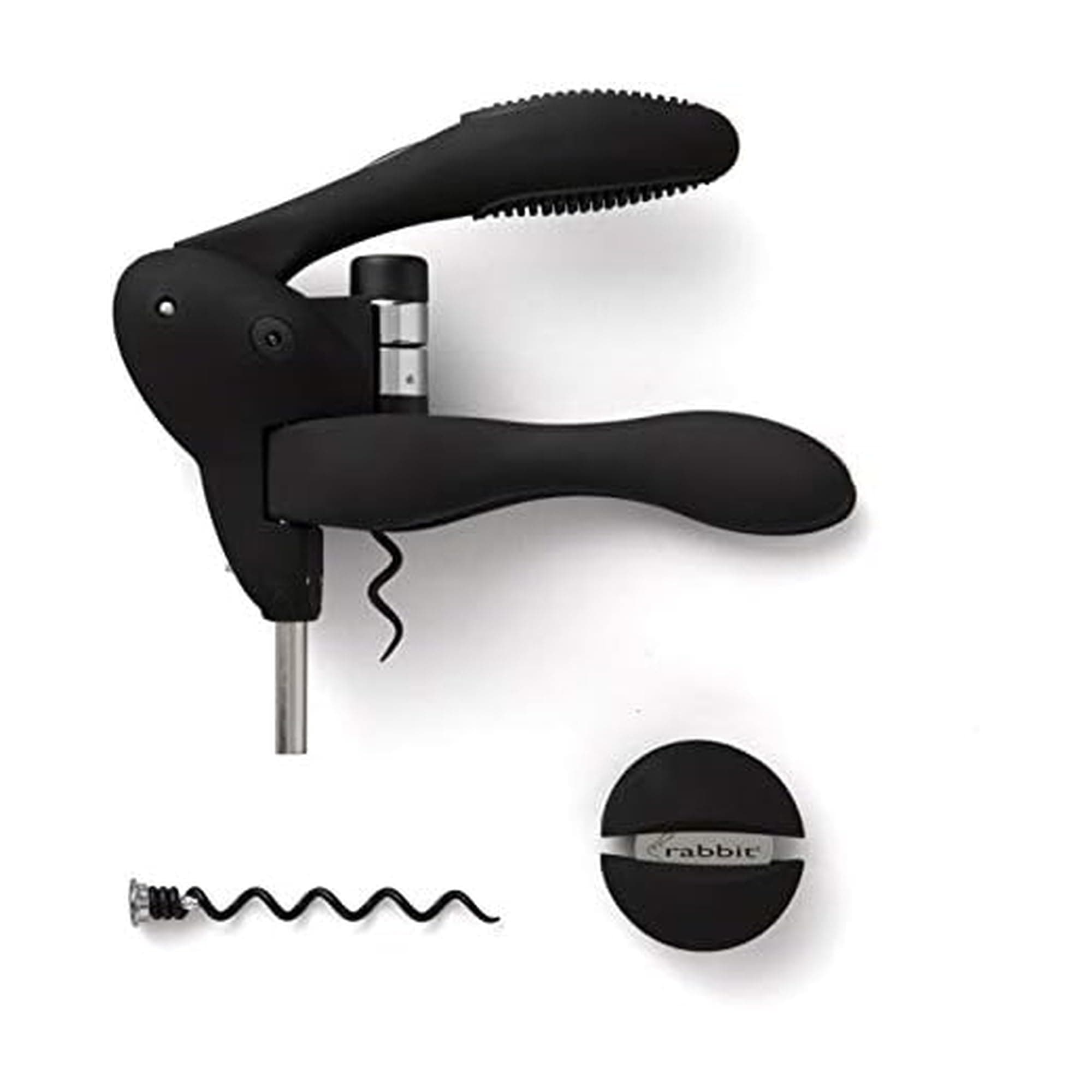 Rabbit W6004N Original Lever Corkscrew Wine Opener with Foil Cutter and Extra Spiral, Black Finish, Smooth Lever Action for Effortless Cork Removal