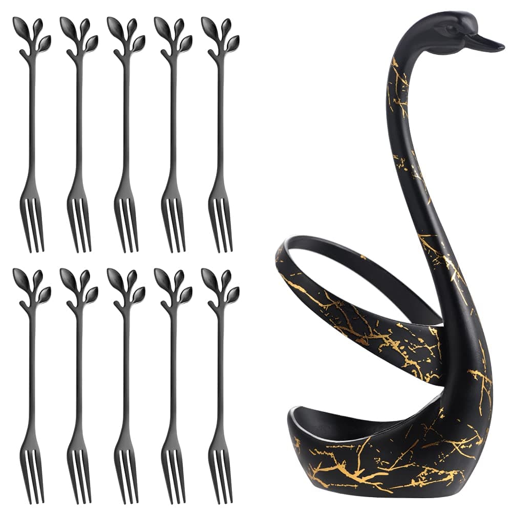 AnSaw Decorative Swan Base Holder with 10pcs 4.7‘’ dessert fork set, Creative Black Leaf fruit fork,Premium Food Grade Stainless Steel,Mirror Finish & Dishwasher Safe (Black-Swan Base Holder+10Fork)