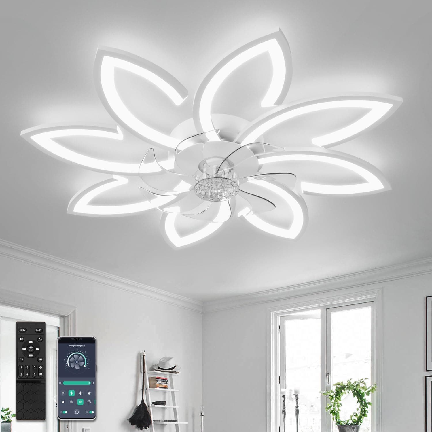 35.4" Ceiling Fans with Lights and Remote Led Living Room Dimmable Ceiling Lights DC Motor Ceiling Fans with Lamps Reversible 6-Speed Lighting Fan Chandelier for Bedroom Lounge Hall,White