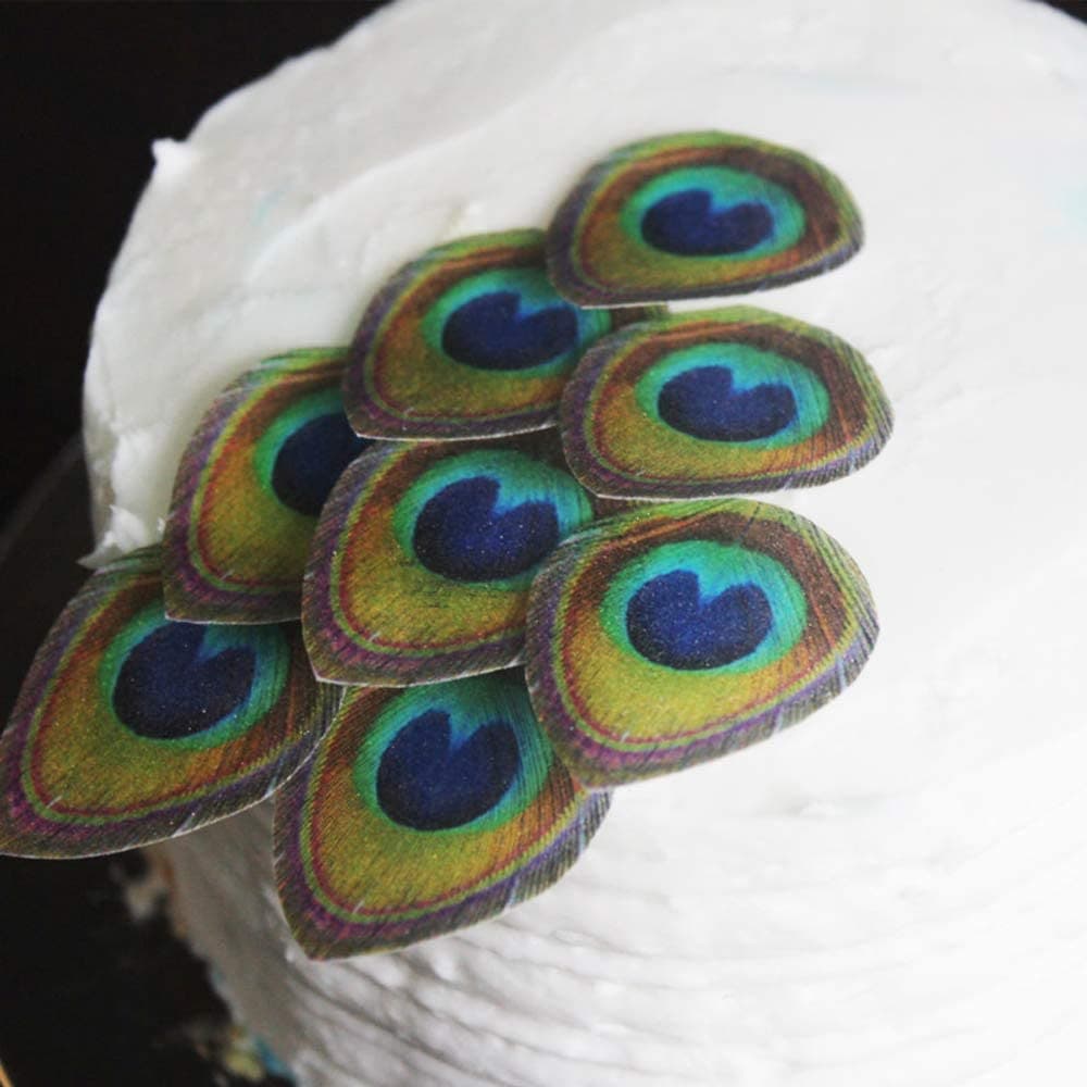 24pcs CHOCKACAKE Edible Wafer Peacock Feather Cake Topper Decorating,Pre-cut Cupcake Toppers decoration