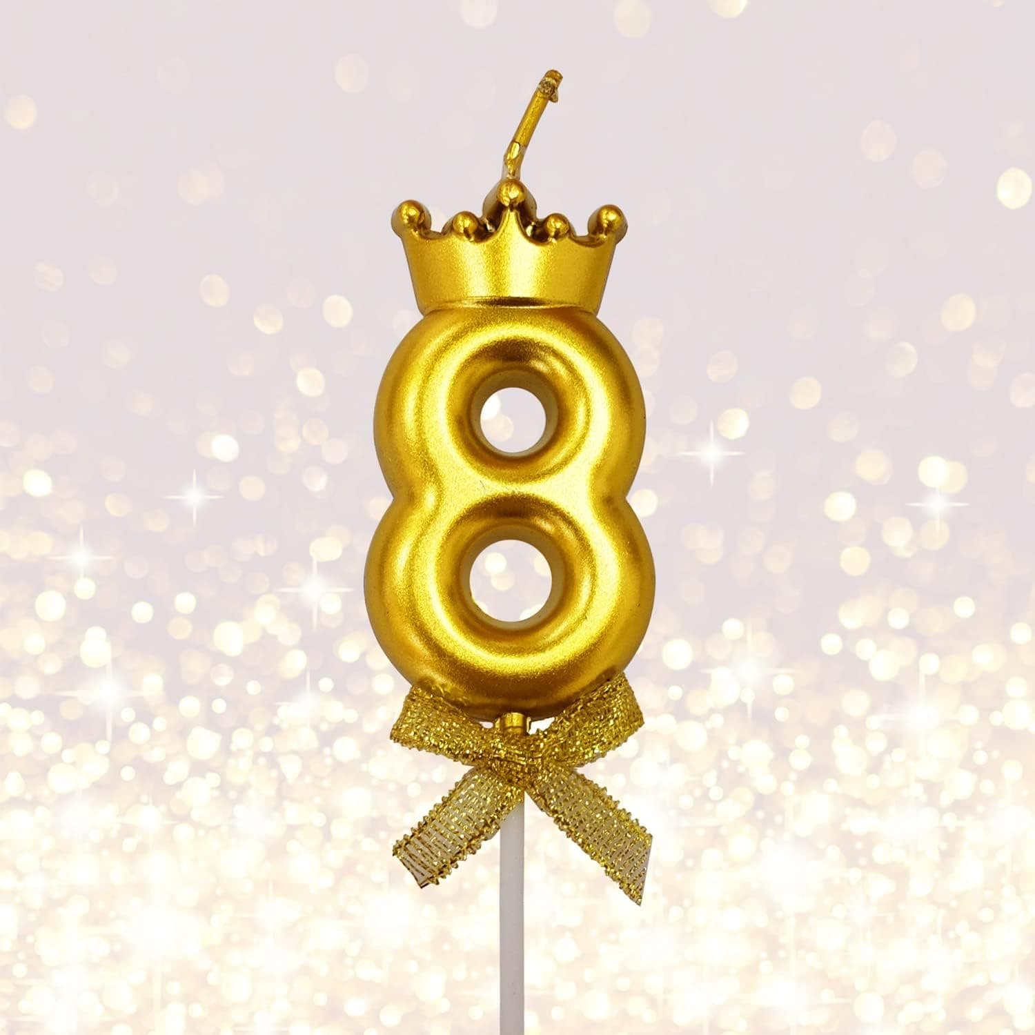 1 Pc 8 Number Candle for Birthday Cake Metallic Gold Number 8th Birthday Cake Decoration Eight Candle with Crown on Top Cake Topper 0-9 Number Candles for Anniversary (Pack of 1, Gold)