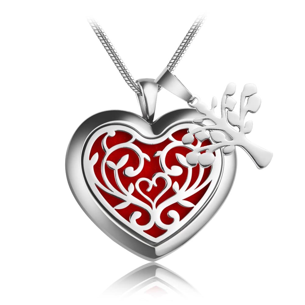 Aromatherapy Essential Oil & Diffuser Necklace Gift Set Heart Jewelry Premium Hypoallergenic Stainless Steel Perfume Pendant Locket Adjustable 23.6" Snake Chain With 10 Washable Pads (Love of Tree)