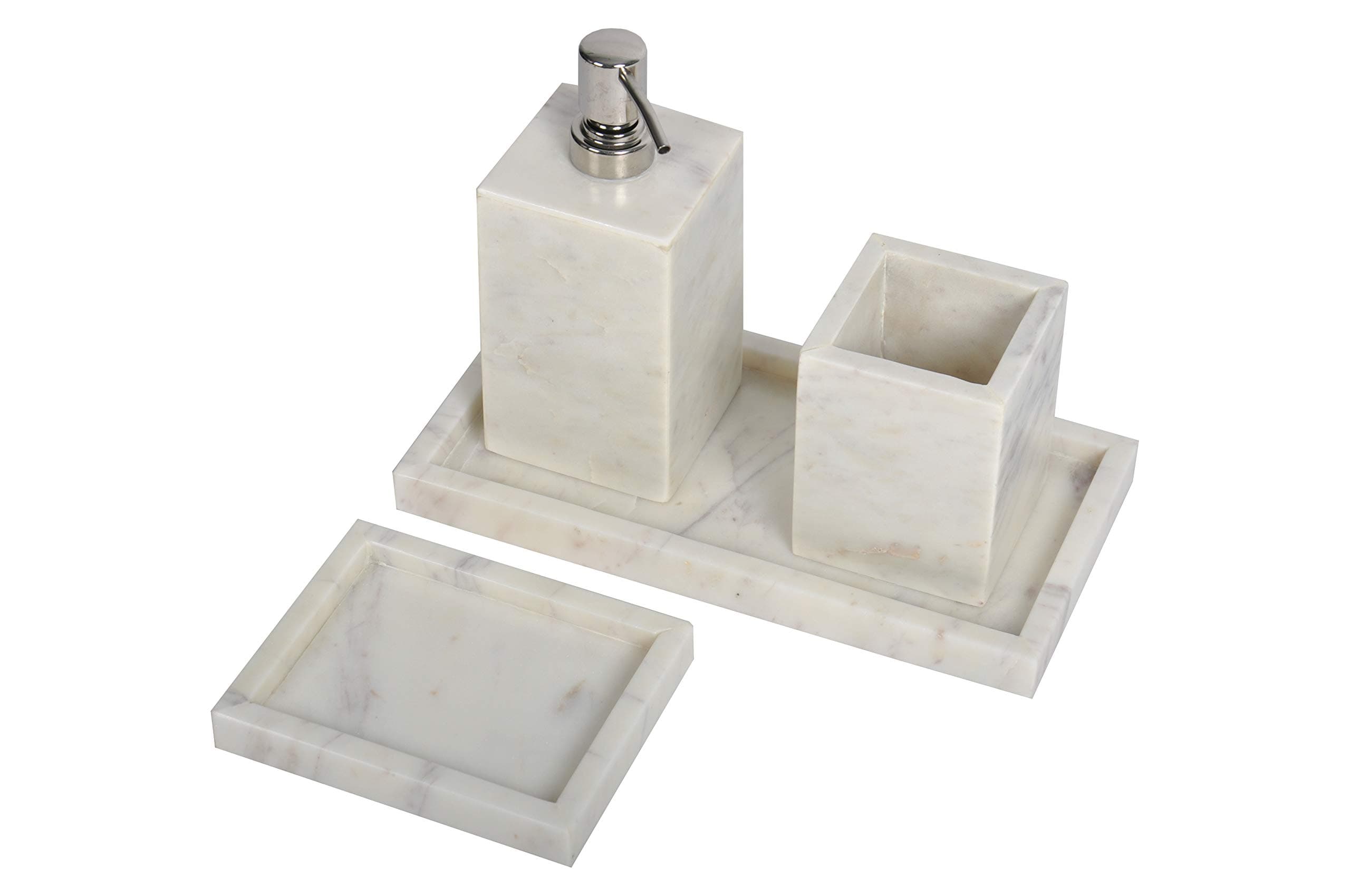 Lattoo Handmade White Marble Bathroom Set | Tooth Paste/Brush Holder Towel Tray Soap Dispensers Set for Home Decor | Luxury Bath Accessories | Bathroom Set of 4