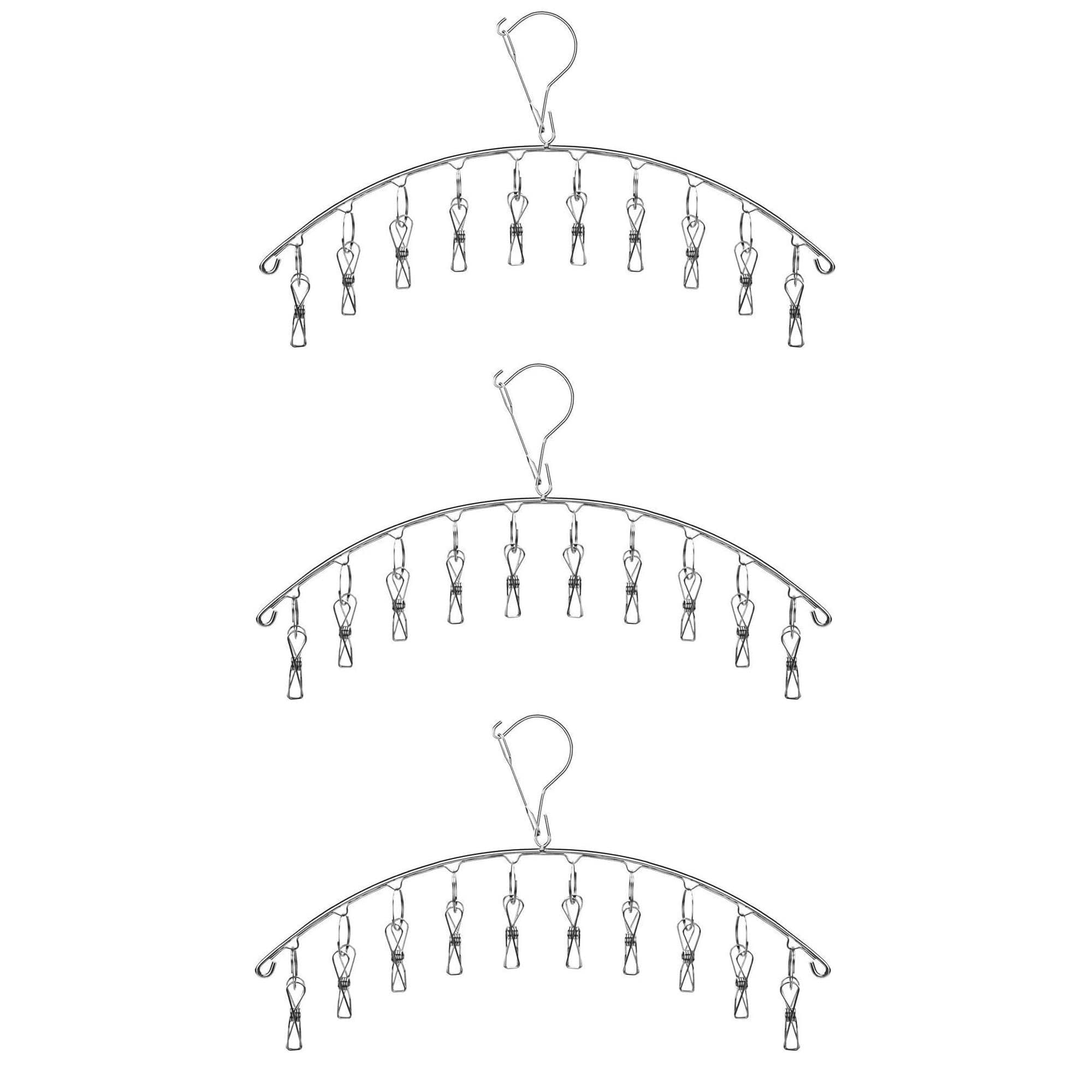 3 Pack Stainless Steel Laundry Drying Rack Clothes Hanger with 10 Clips for Sock, Underwear and Small Item Accessory