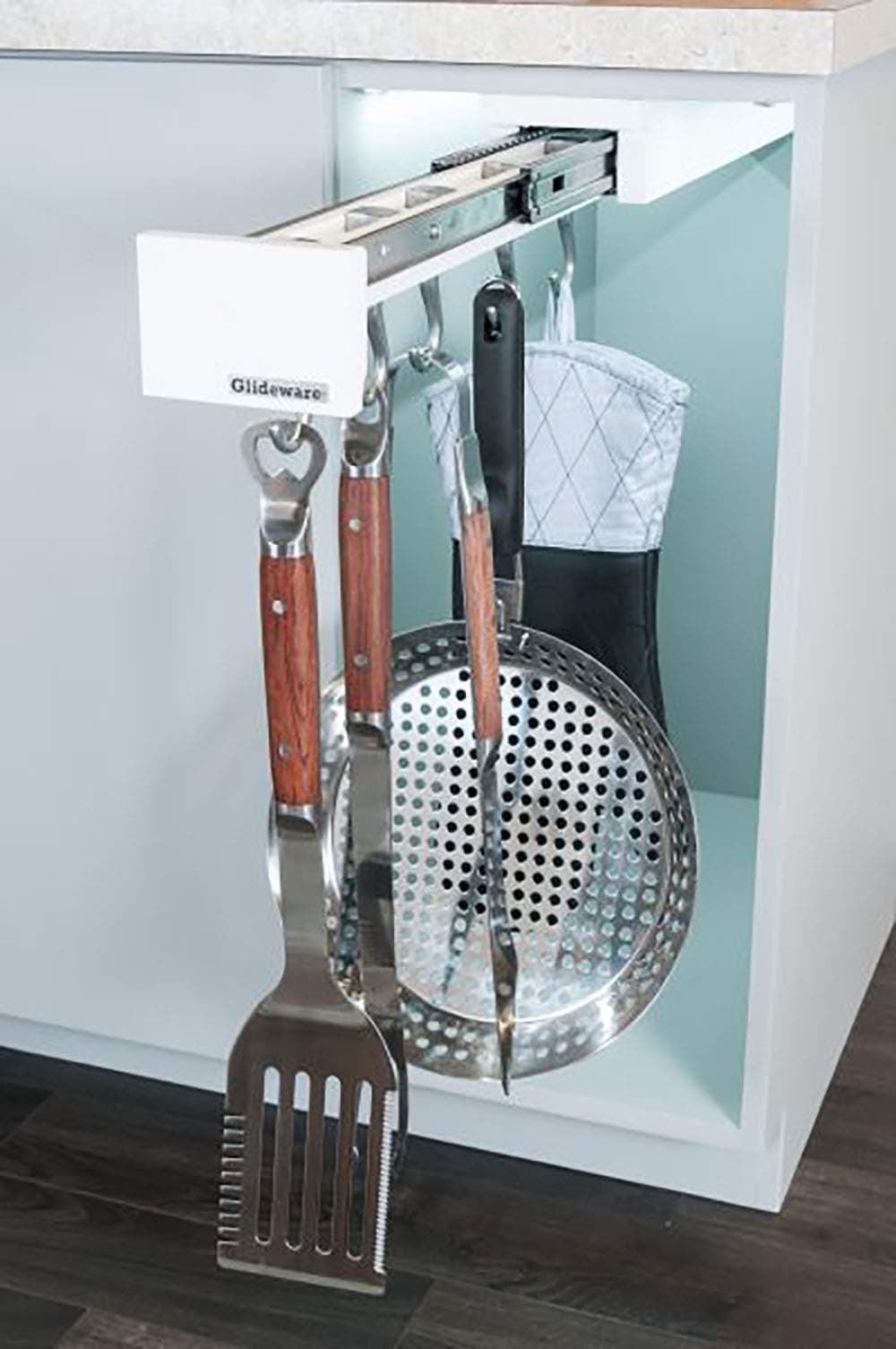 Glideware BBQ Grill Organizer for Accessories, Tools & Pans. Stainless Steel Slides, Weather Resistant, White