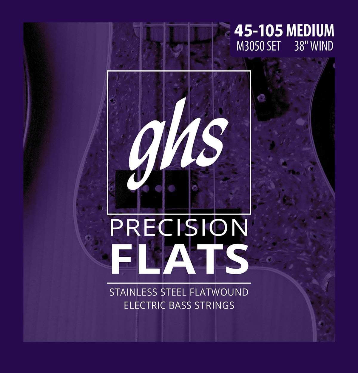 GHS Strings M3050 4-String Bass Precision Flats, Stainless Steel Flatwound Bass Strings, 38" Winding, Medium (45-105)