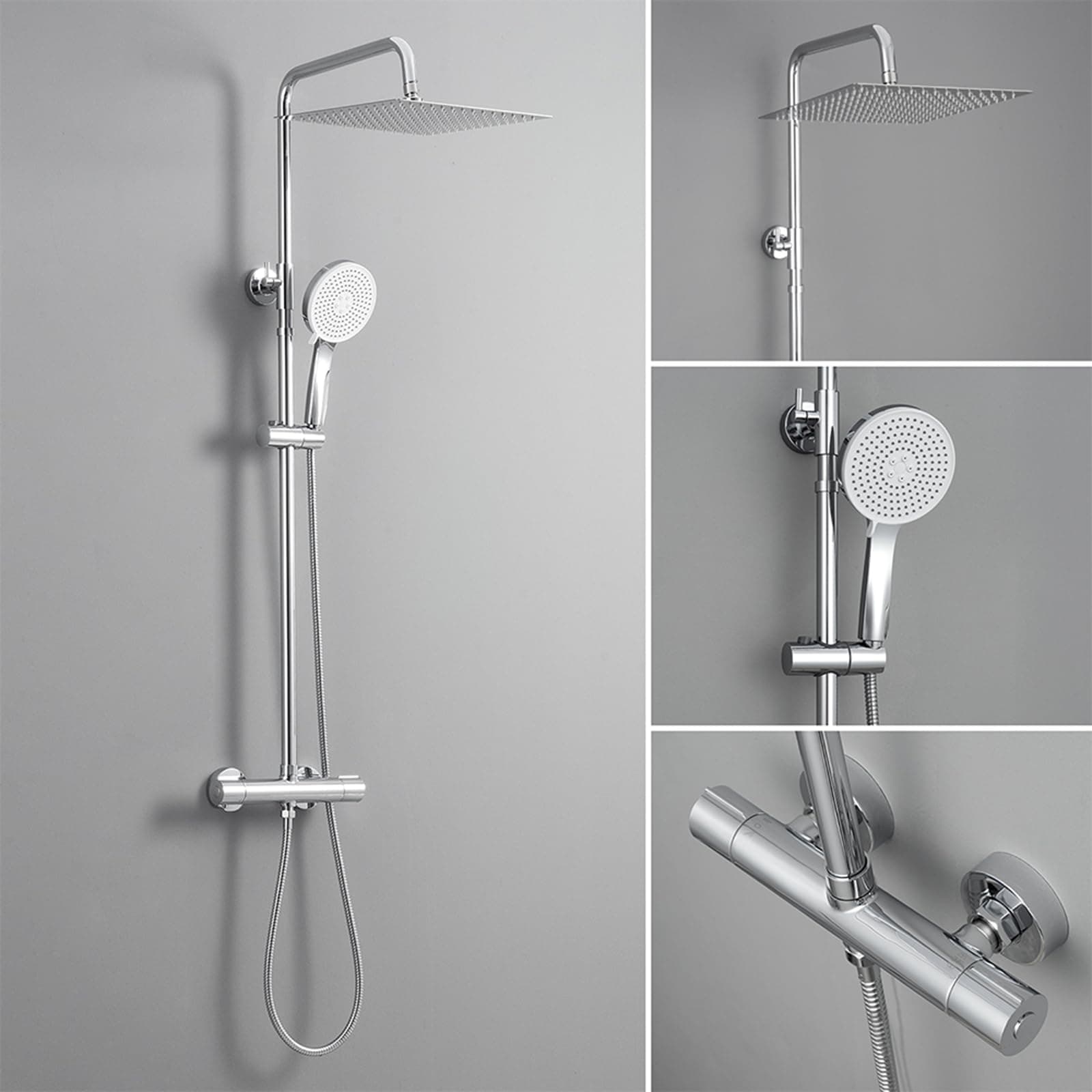 DERW Thermostatic Shower Mixer Set - 12" Square Mirror Ultra-Thin Rainfall Head, 5-Mode Round Handheld Shower, Solid Brass Thermostatic Mixer, 124cm Shower Riser Rail, Fit for UK Bathrooms (Chrome)
