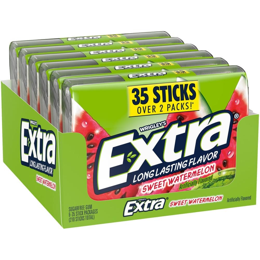 EXTRA Sweet Watermelon Sugar Free Chewing Gum Pack, Individually Wrapped, Fruit Gum 35 Sticks (Pack of 6), Mega Bulk Pack with Long Lasting Flavor for Fresh Breath
