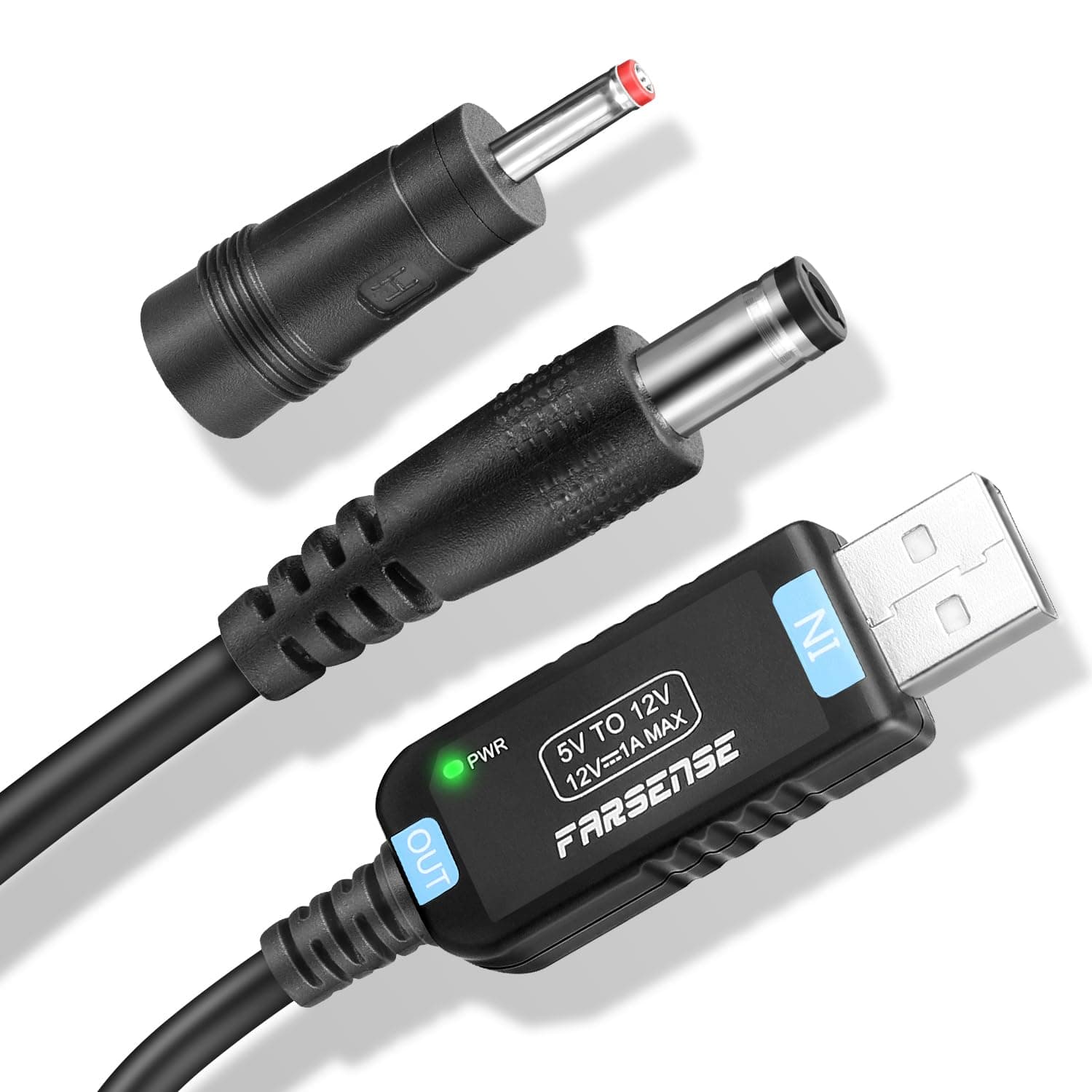 FARSENSE USB to DC 12V Step Up Power Cable (3ft), DC Jack 5.5 x 2.5mm (3.5 x 1.35mm) USB Boost Converter with LED Indicator