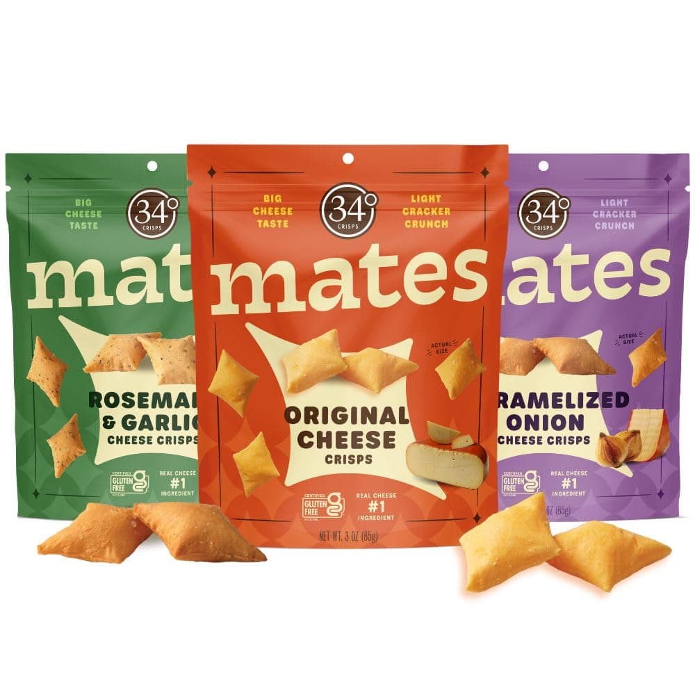 34 Degrees Mates Cheese Crisps Variety Pack - Original, Caramelized Onion, Rosemary Garlic | Light & Crunchy Gluten-Free, Low Calorie, Healthy Snacks for Adults & Kids - 3 Pack