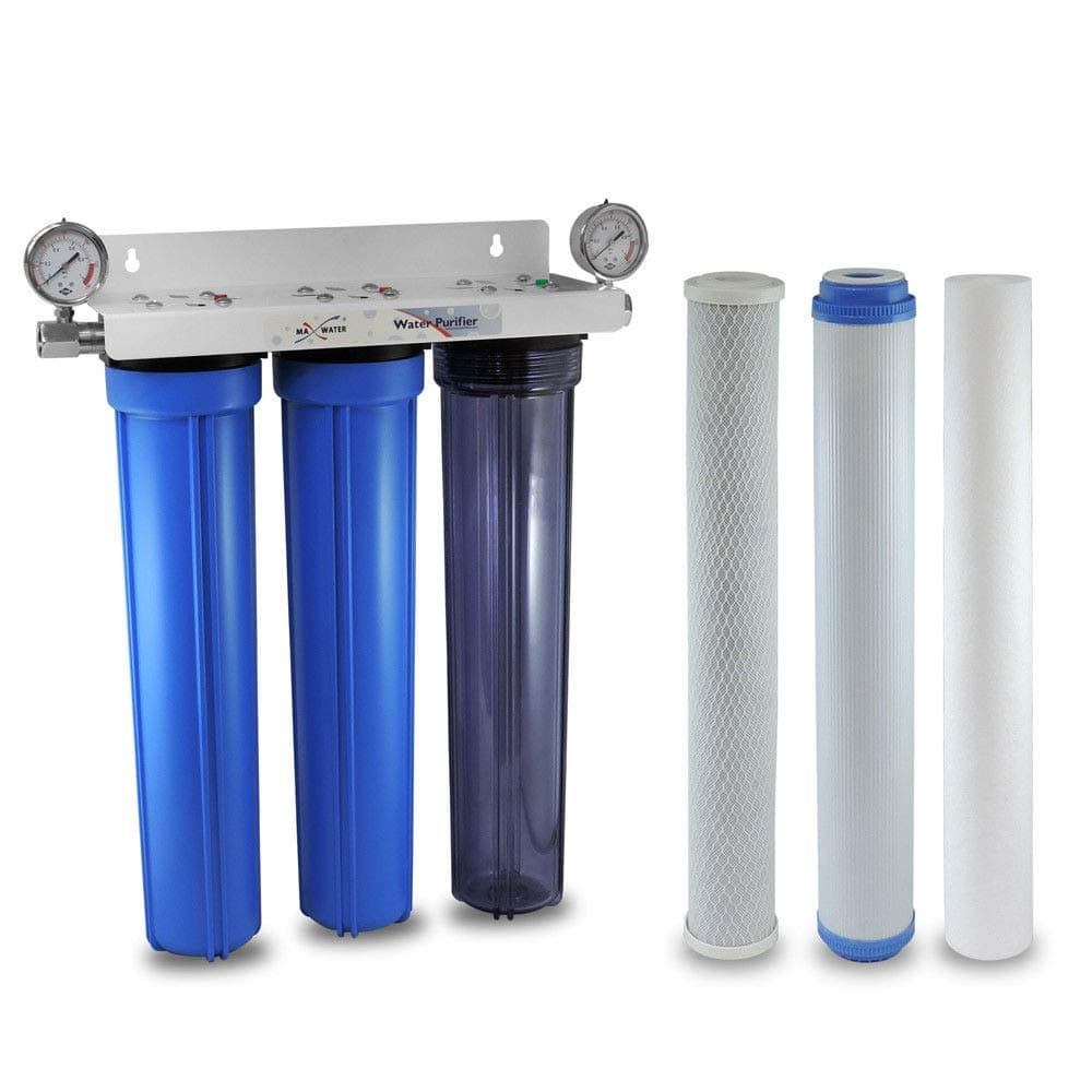 Max Water 3 Stage Whole House (20 inch x 2.5 inch), Water Filtration System with Pressure Gauge PVC Ball Valve & Housing Wrench - Sediment + GAC + CTO - 3/4" Inlet/Outlet