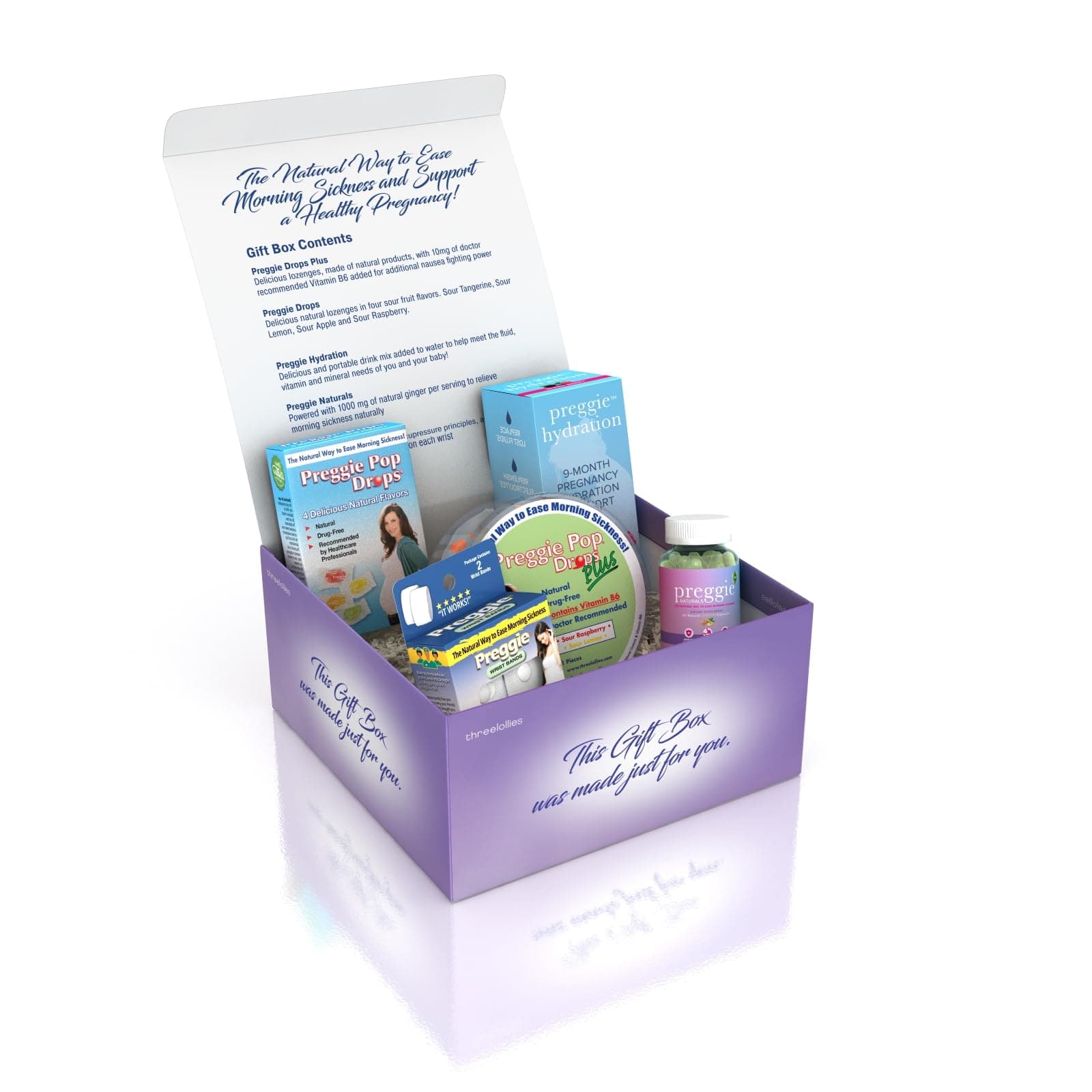 Preggie Gift Box - Natural, Pregnancy Nausea Relief Essentials with Anti-Sickness Lozenges, Hydration Packets, Ginger Capsules, & Anti-Nausea Bands for Morning Sickness