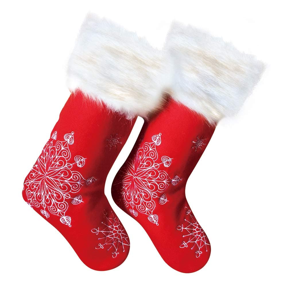 Deggodech 2 Pack Classic Red Christmas Stockings with White Deluxe Faux Fur Large Traditional Hanging Xmas Stockings with White Embroidery Snowflake for Christmas Fireplace Decoration - 19inch/50cm