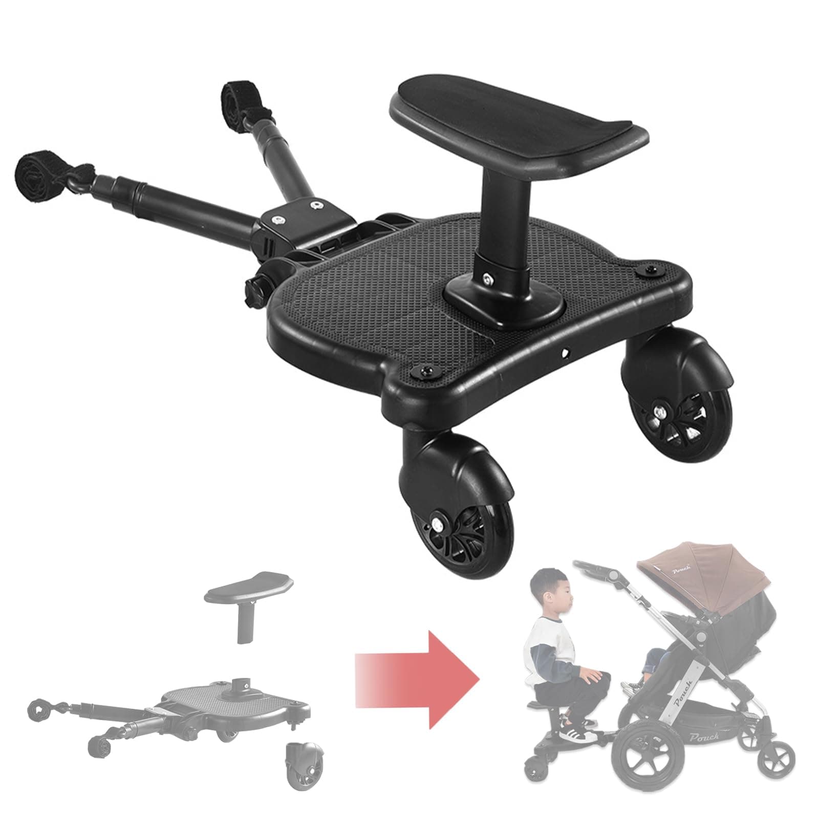 Universal Stroller Board Stroller Auxiliary Pedal, 2 in1 Stroller Glider Board with Detachable Seat, Standing Plate Seat Stroller Holds Children up to 55 Lbs for Most Toddler Baby Strollers