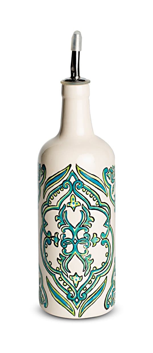 Thyme Ceramic Hand Painted Oil Bottle, White & Green, 350ml