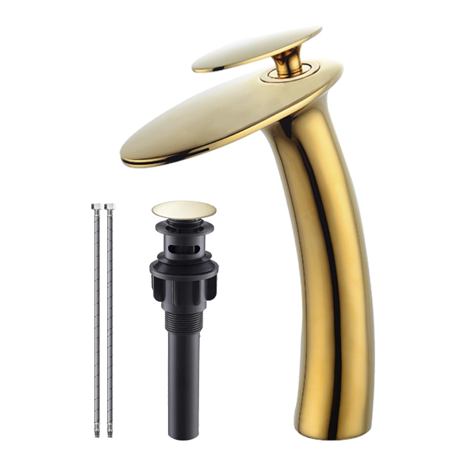 Wovier Shiny Polished Gold Waterfall Bathroom Faucet,Single Handle Single Hole Brass Lavatory Vanity Vessel Faucet,Slanted Body Basin Mixer Tap Tall Body with Supply Hose and Pop Up Drain Assembly