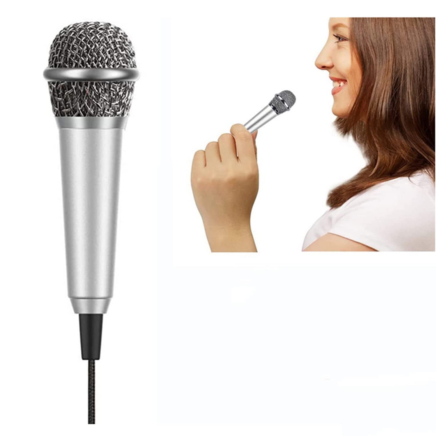 SKEIDO Mini Microphone Portable Vocal Tiny M icrophone Asmr Mi crophone Phone Mic rophone Mini Karaoke Micr ophone for Voice Recording Chatting and Singing On iPhone/Android/Laptop Notebook (Sliver)