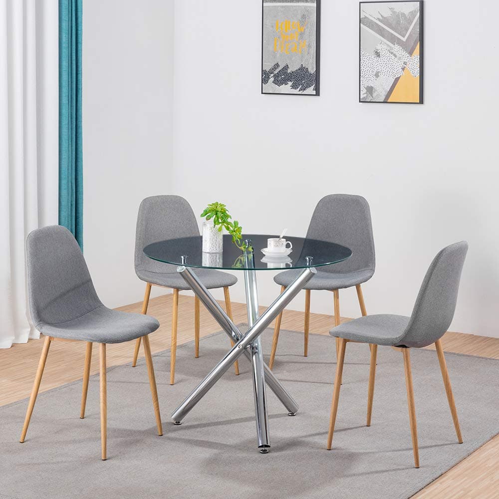 Volitation Glass Black Dining Table and 4 Chairs Modern Dining Set for Office Lounge Dining Kitchen (Glass Round Table + Gray Fabric Chair*4)