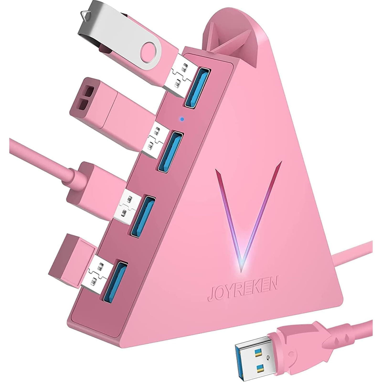 4-Port USB 3.0 Hub, FlyingVHUB Vertical Data USB Hub with 2 ft Extended Cable, for Mac, PC, Xbox One, PS4, PS5, iMac, Surface Pro, XPS, Laptop, Desktop, Flash Drive, Mobile HDD (Pink)