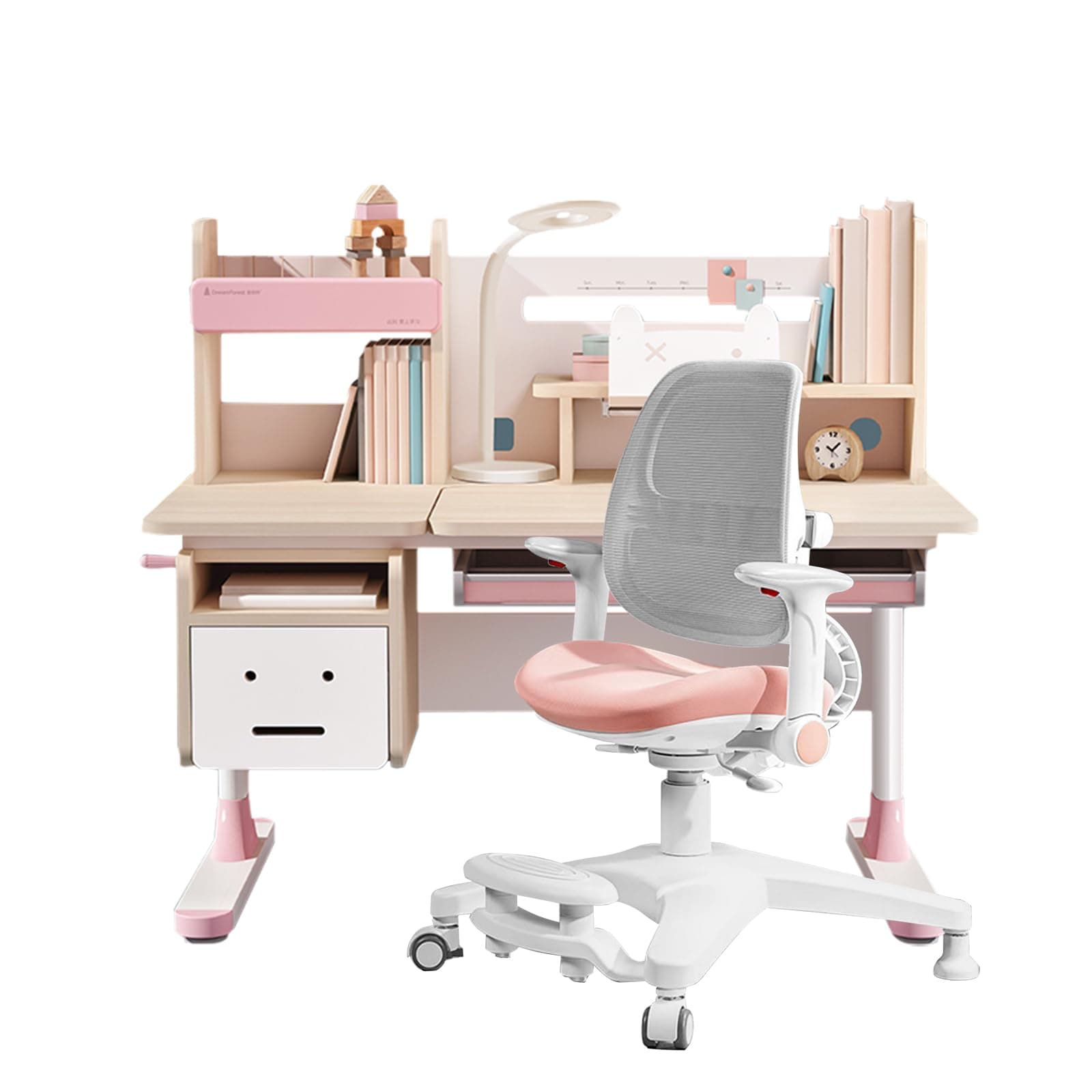 Wood Adjustable Height Kids Study Desk with Chair, Reading Homework Drawing Table Computer Station Built-in Bookshelf Hutch, Tablet Holder, Tiltable Desktop and Storage Drawer (Pink, Wood of Fir)