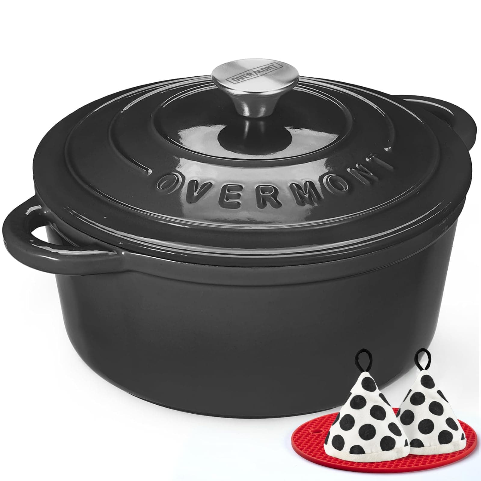Overmont Roasting Dish Enamel Cast Iron Pot - 26 cm Oven Safe - with Lid and Cookbook - for Kitchen Baking Braising Roasting