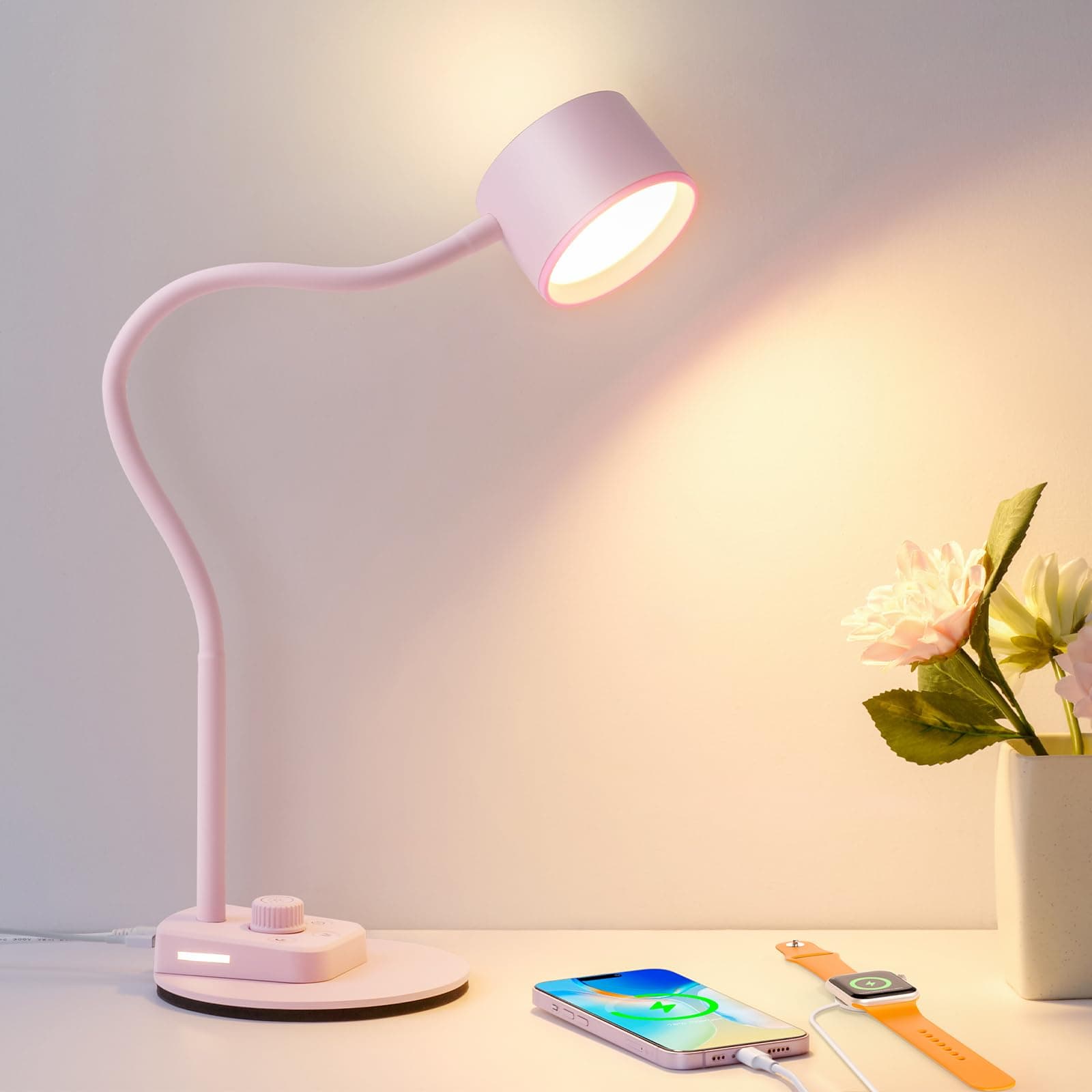 Cute Desk Lamp with USB C + A Charging Port, 5 Colors Dimmable Reading Lamps, Minimalist Pink Lamp for Kids, Eye Care Metal Bedside Table Lamp with Timer Flexible Desk Light for Home Office