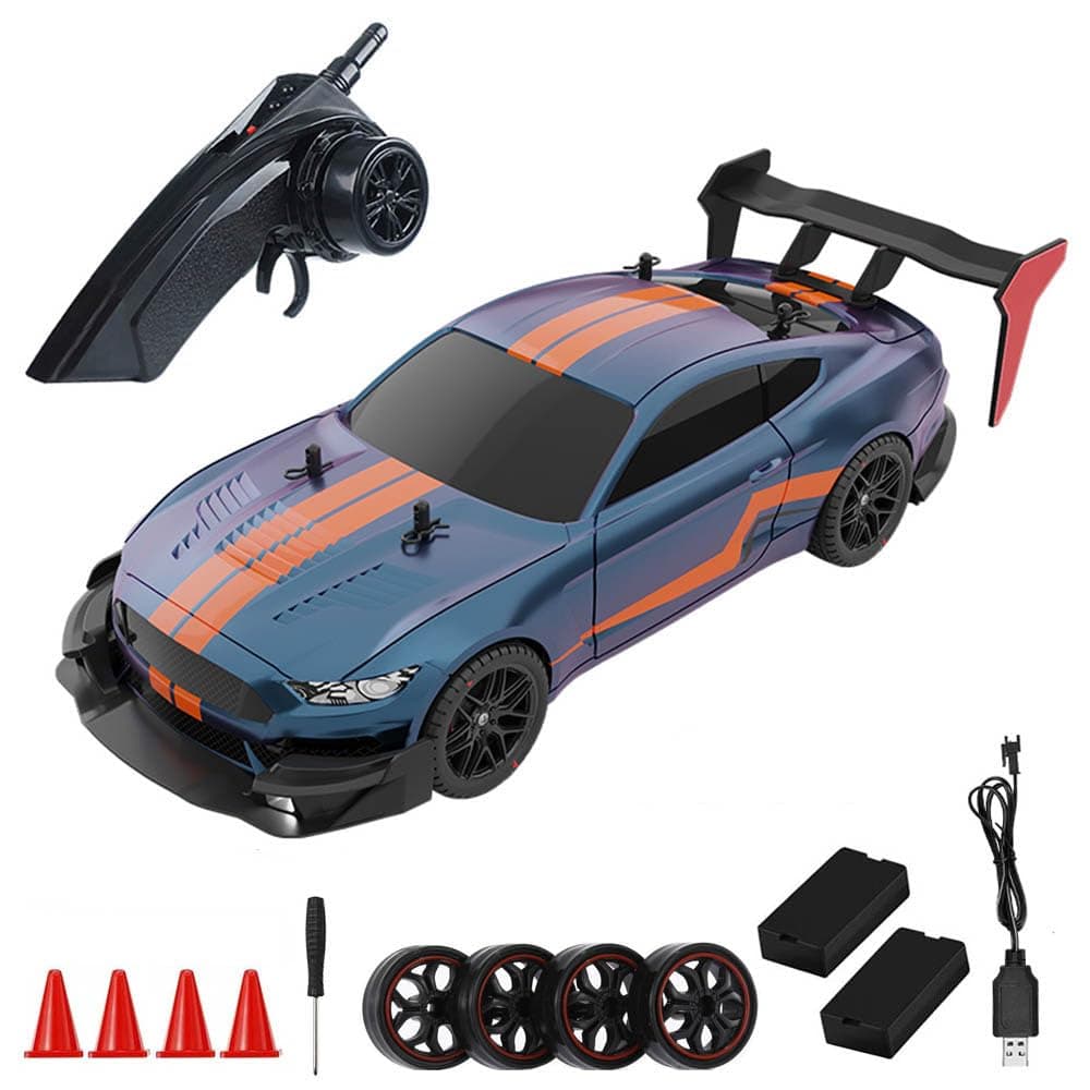 RC Drift Car, 1:14 4WD 40KM/H High Speed RC Racing Car with LED Lights, 2 Batteries, Drifting and Racing Tires for Adults (Blue)