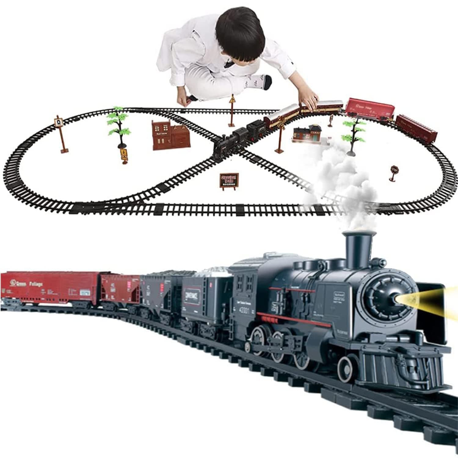 Beauenty Electric Train Set for Kids, Battery-Powered Train Toys Set with Lights, Smoke & Sound, Locomotive Engine, Cars & Tracks, Classic Toy Train Set Gifts for 3 4 5+ Years Old Kids (Smoky Black)