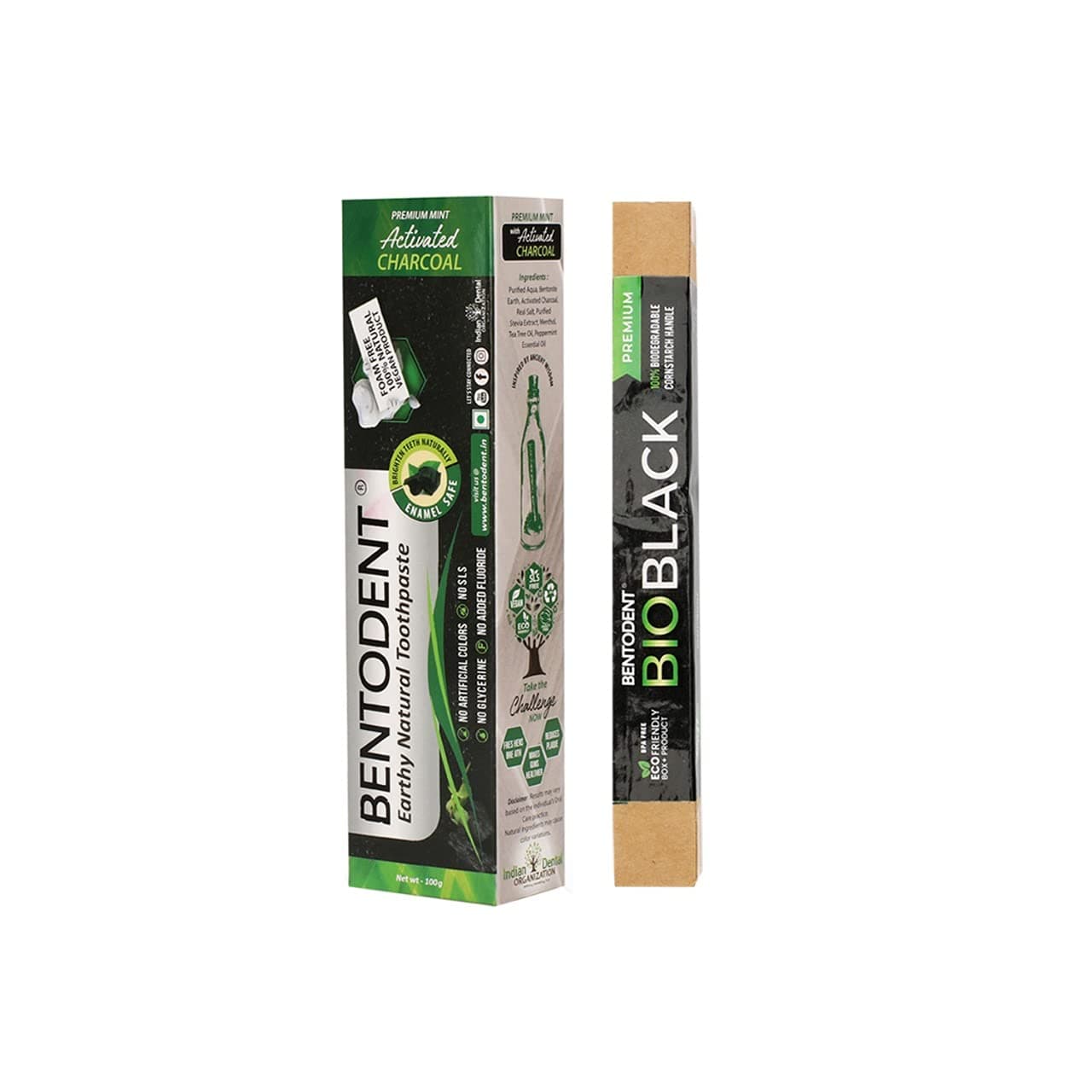 Bentodent Activated Charcoal Whitening Toothpaste With A Soft (Bio Black/or Bio White) Biodegradable Toothbrush, SLS and Fluoride Free, Safe and Certified,Pack of 100 gm