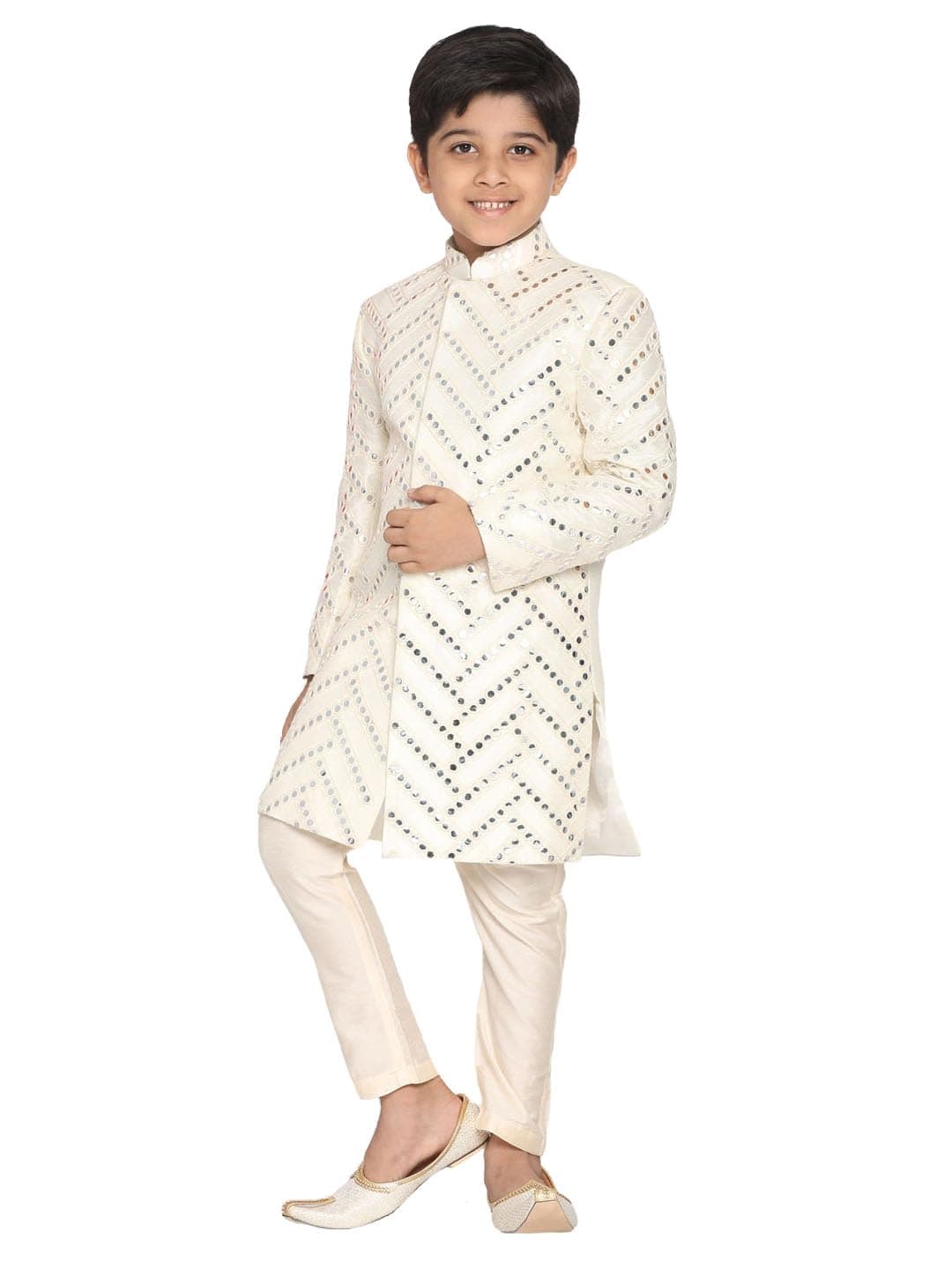 VASTRAMAYBoys' Silk Blend Indowestern Sherwani Set with Mirror Work and Pant Style Pyjama