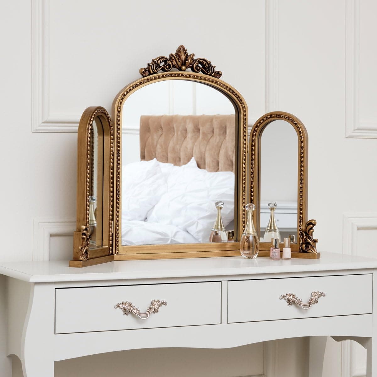 Melody Maison Gold Ornate Arched Triple Dressing Table Mirror 80cm x 56cm