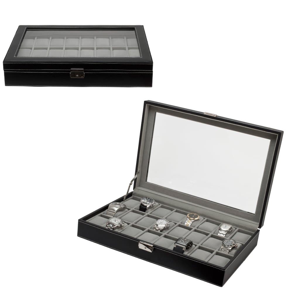 Elegant 24 Piece Black Leatherette Watch Display Case and Storage Organizer Box