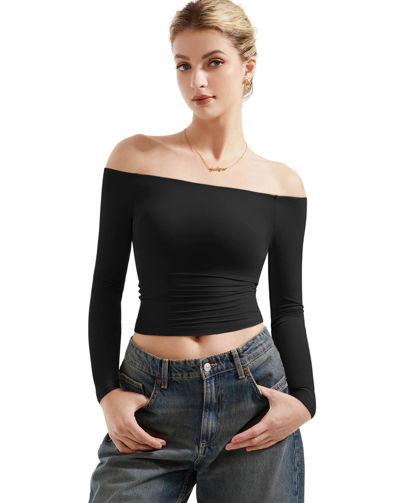 Women Off Shoulder Double Lined Long Sleeve Shirts Basic Going Out Tops