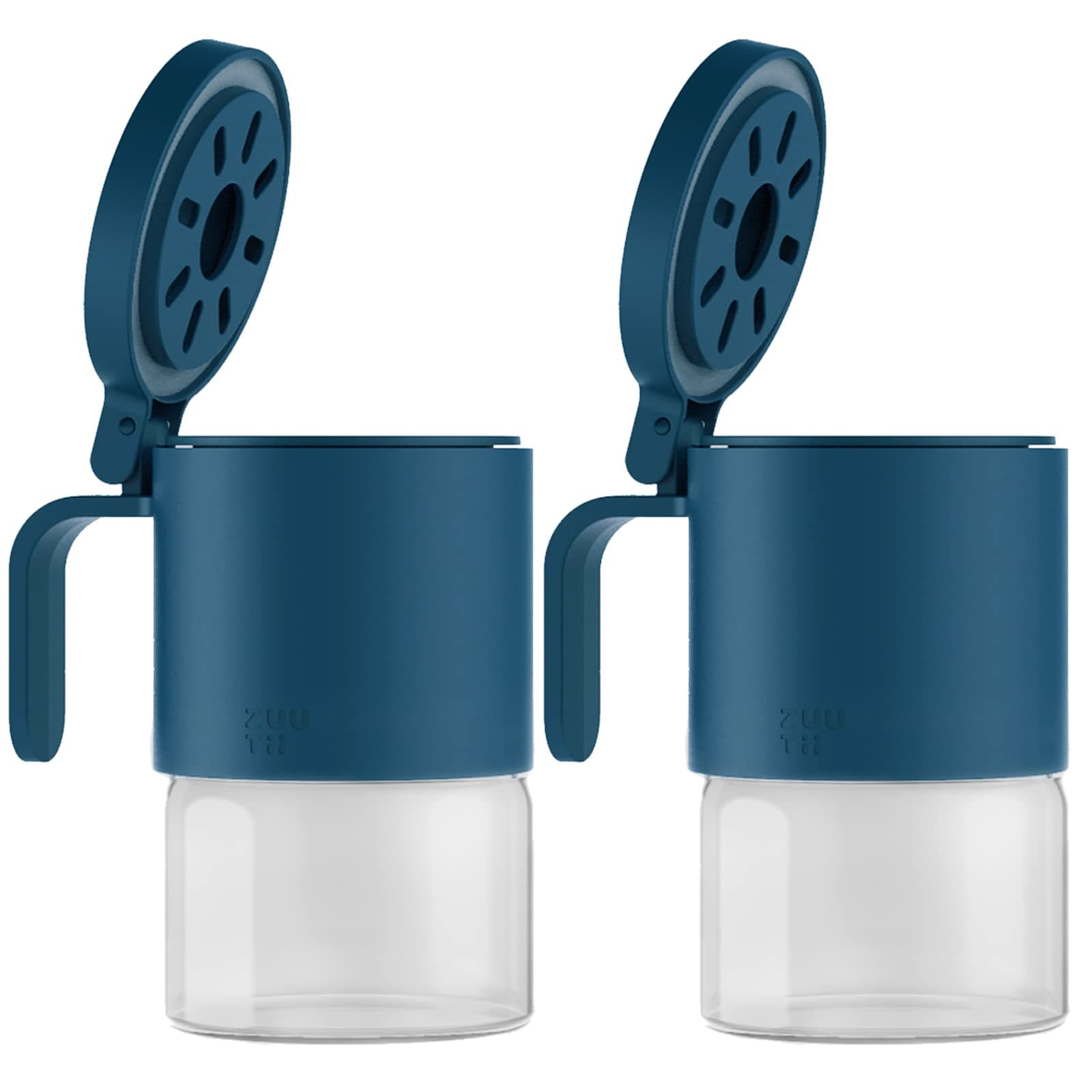 Zuutii Glass Spice Jars Moisture-Proof Spice Containers with Spoons, Set of 2 10oz/300ml Spice Bottles, Mini Seasoning Storage Jars with Flapper Caps for Salt, Sugar, Peppers, Chili in Kitchen Blue