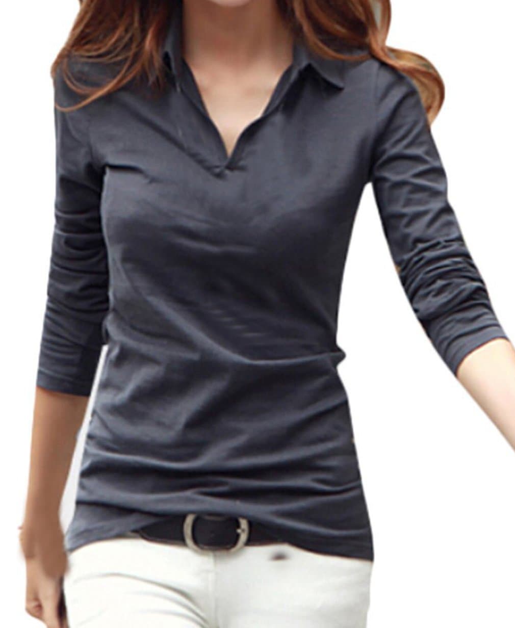 FACE N FACE Women's Cotton V Neck Solid Color Long Sleeve Casual Tops Tshirt