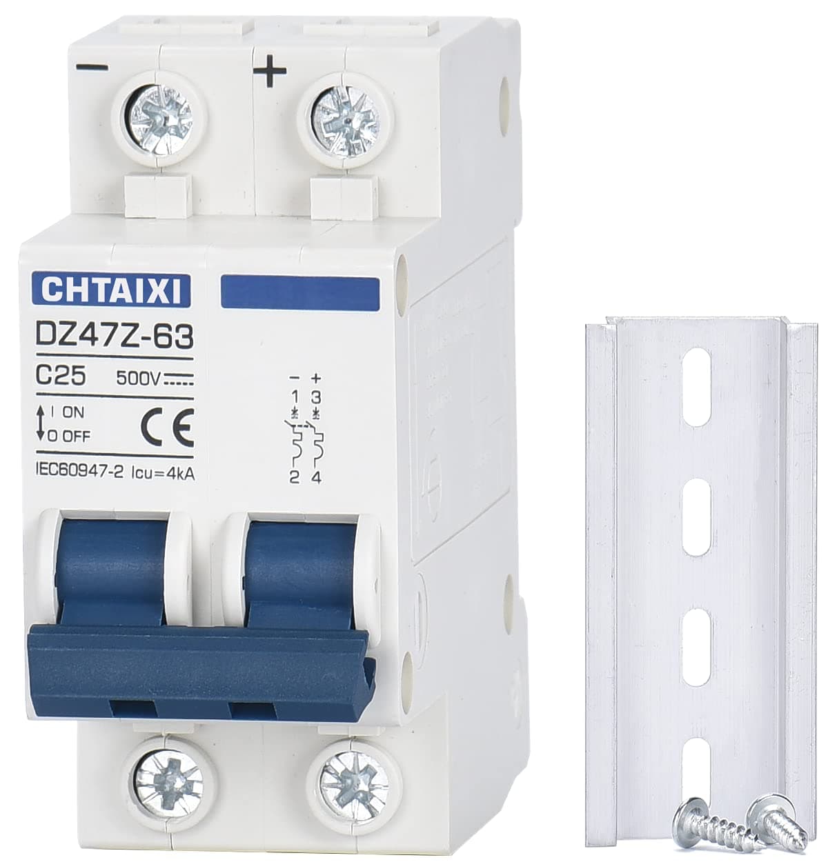 DC Miniature Circuit Breaker, 2 Pole 500V 25 Amp Isolator for Solar PV System, Thermal Magnetic Trip, DIN Rail Mount, Chtaixi DC Disconnect Switch C25
