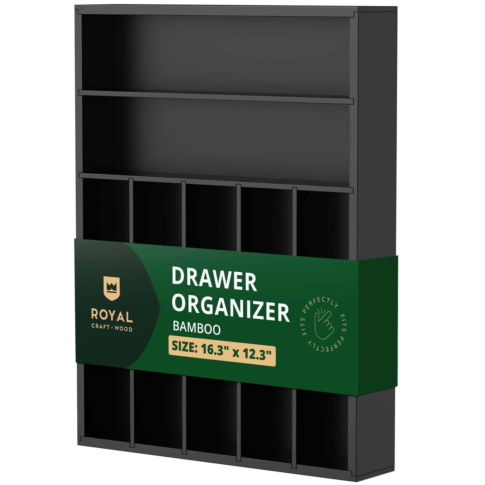 ROYAL CRAFT WOOD Luxury Bamboo Kitchen Drawer Organizer - Silverware Organizer - Utensil Holder and Cutlery Tray with Grooved Drawer Dividers for Flatware and Kitchen Utensils (7 Slot, Black)