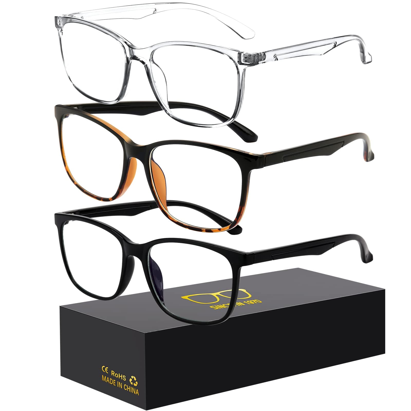 Blue-Light Blocking Glasses Computer Reading/Gaming/TV/Phones Glasses Fashion Anti Eyestrain Glasses for Women Men(E3 Black + Blackleopardprint + Transparent)