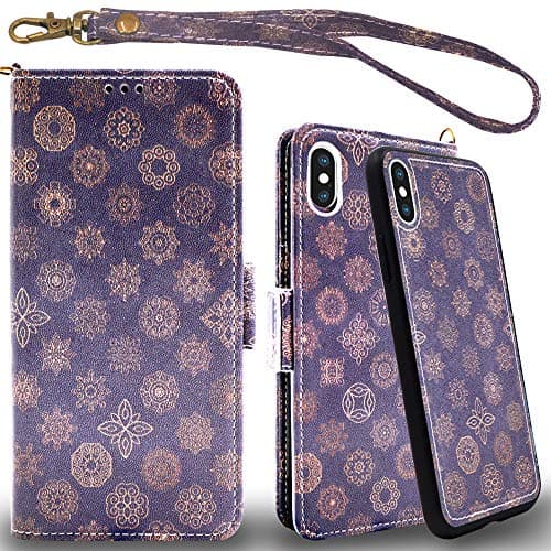 Mefon iPhone X Xs Detachable Leather Wallet Phone Case, with Tempered Glass and Wrist Strap, Enhanced Magnetic Closure, Durable Slim, Luxury Flip Folio Cases for Apple iPhone 10 5.8 (Mandala 1)