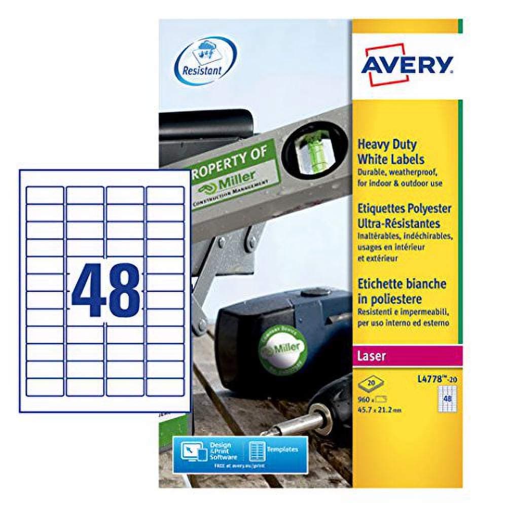 Avery L4778-20 (45.7 x 21.2mm) Extra-Strong Adhesive Heavy Duty Weatherproof Labels, 48 Labels Per A4 Sheet, White