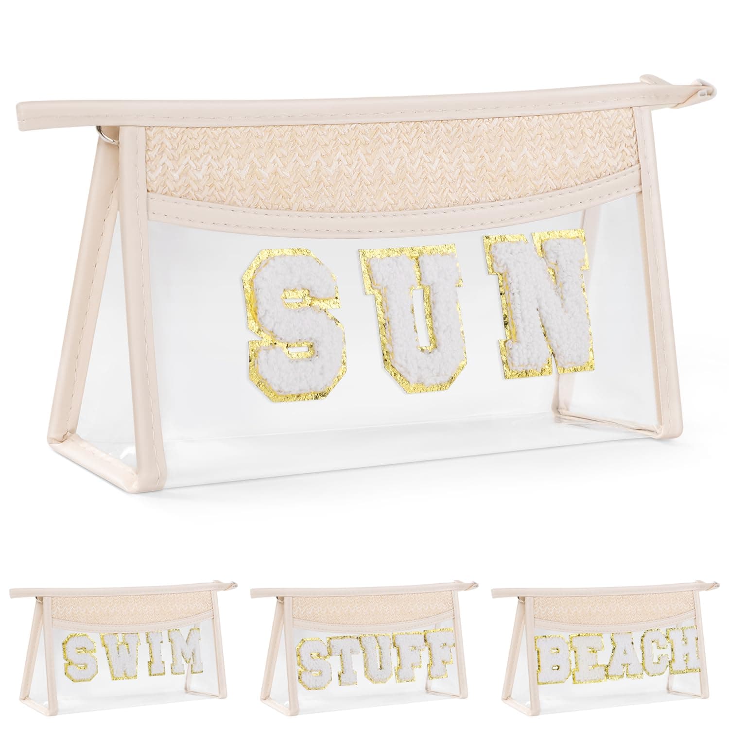 Etercycle Boho Patch SUN Cosmetic Bag, Transparent PVC Travel MakeUp Pouch Waterproof Toiletry Organizer, Small Chenille Varsity Letter Patch Bag Woven Makeup Bag