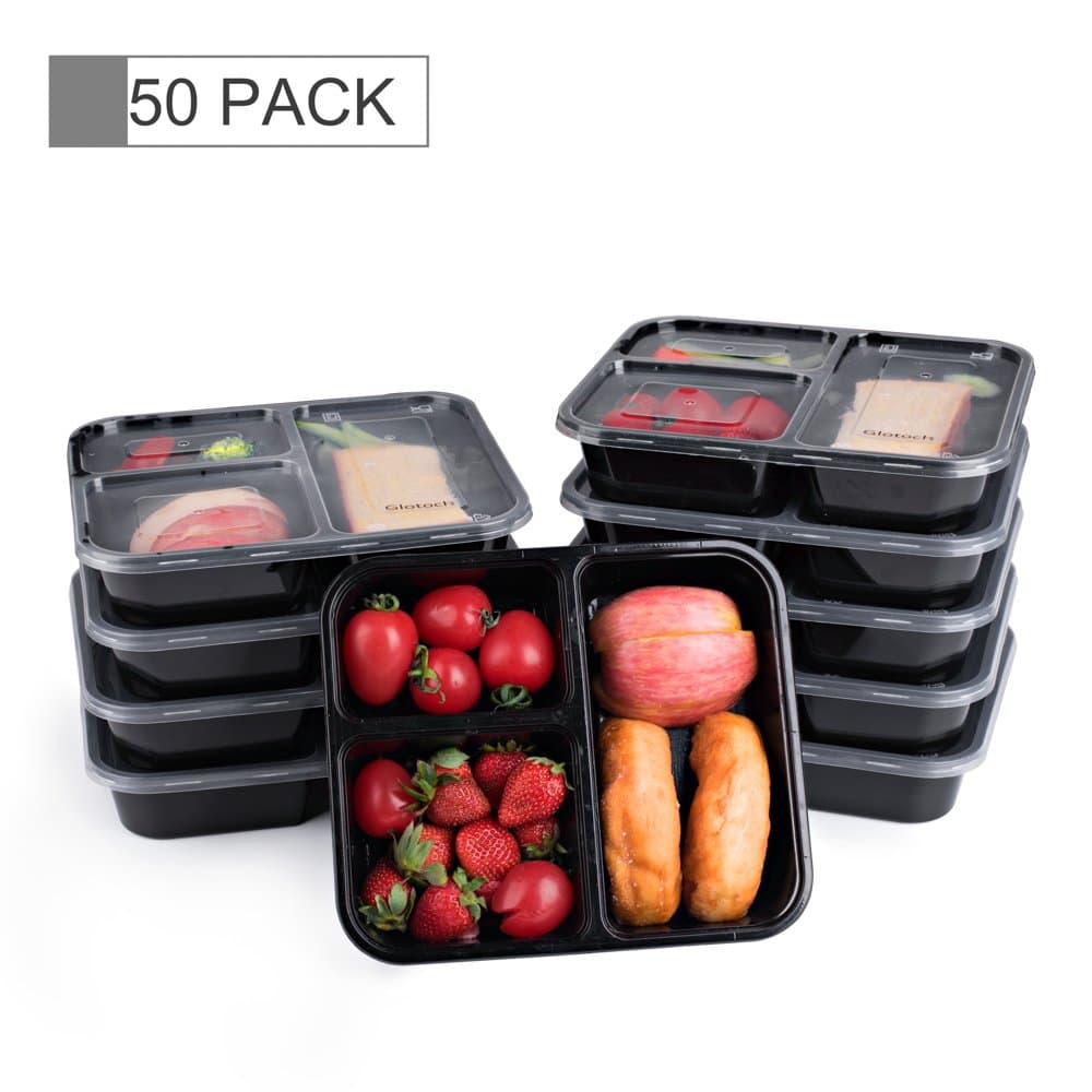 Glotech Item # SZ-304 34 Ounce Lunch Box Containers Set with Leak Proof Lid for Meal Prep and Portion Control in 3 compartment food containers-Microwaveable, Freezer & Dishwasher Safe,Pack of 50