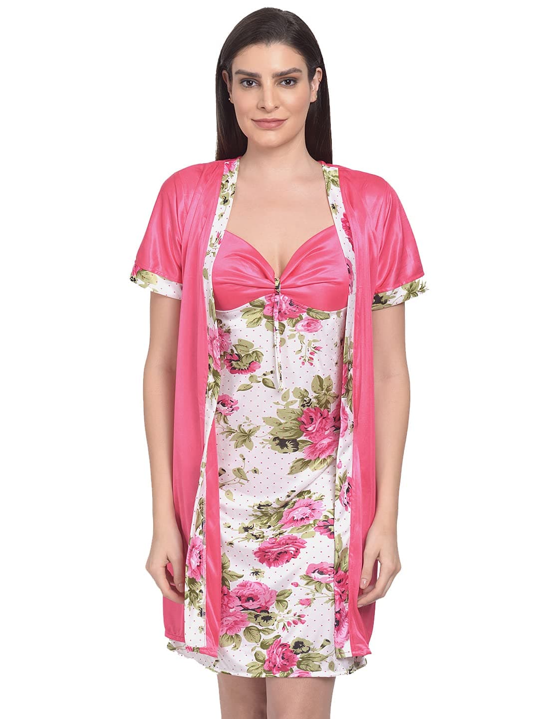 Pink Printed 2 pcs Baby Dolls with Robe