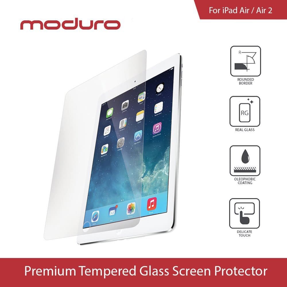 iPad Air / Air 2 Tempered Glass Screen Protector, Moduro® Premium Ultra Thin 0.3mm Anti-Scratch, Anti-Fingerprint, Anti-Bubble Shatterproof, Ballistic, HD Clarity, Retina, Tempered Glass Screen Protector