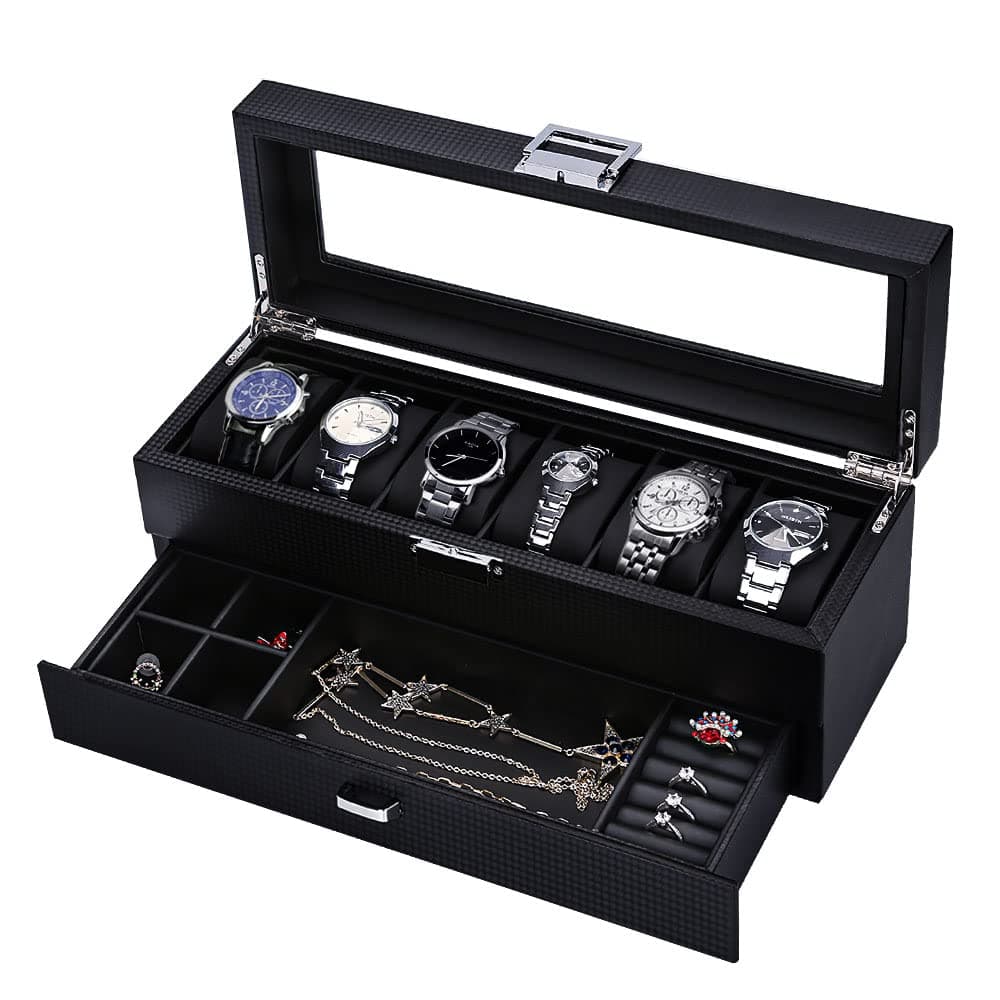 anyasunLeather Watch Box -Watch Display Case for Men-6 Slots Watch Case storage with Valet Jewelry Drawer by Carbon Fiber Design, Real Glass Window Top and Lockable … (6 Slot with Drawer)