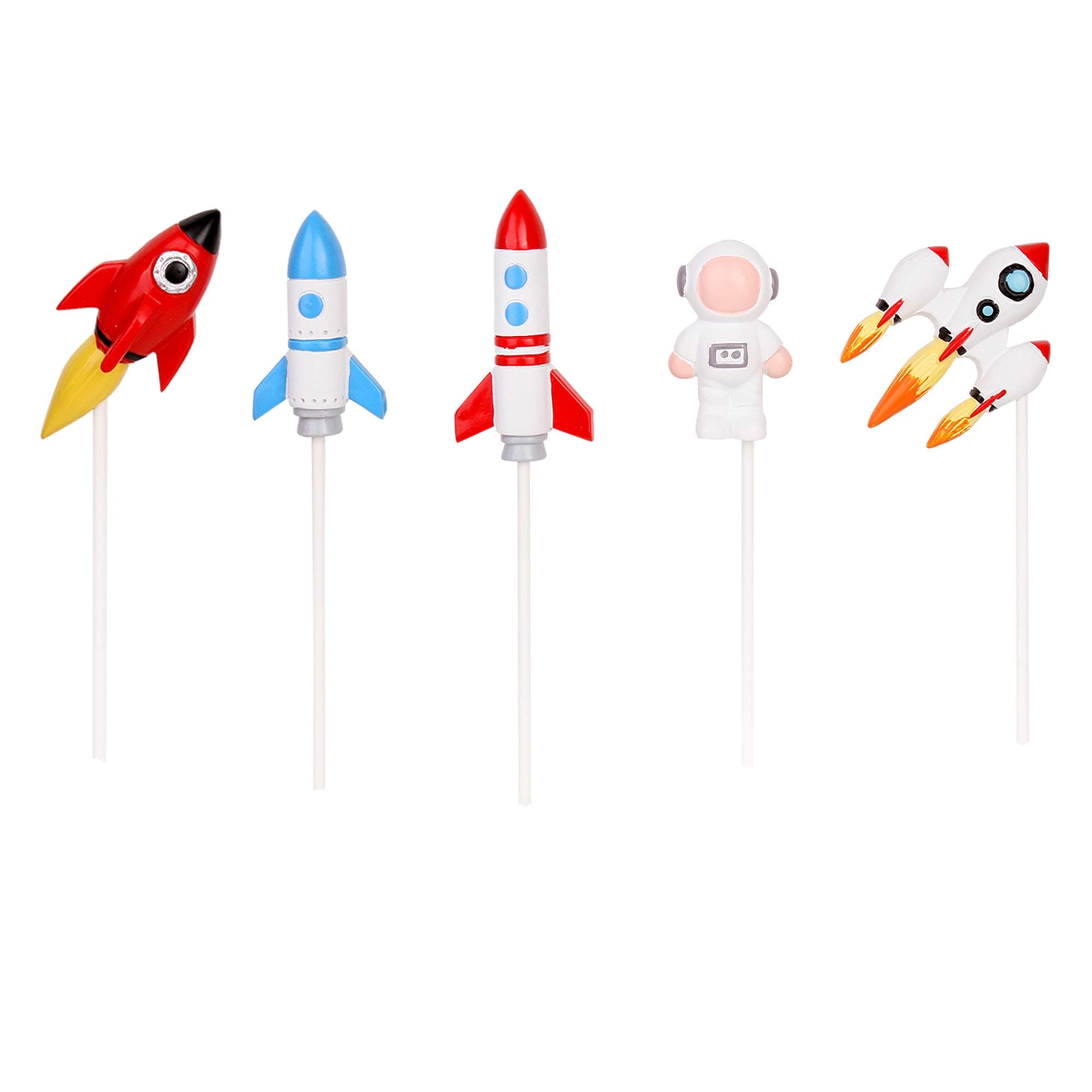 Ercadio 5 Pack Resin Space Astronaut Rocket Cake Toppers 2D Spaceship Cupcake Picks Baby Shower Boys Girls Birthday Party Cake Decorations Supplies