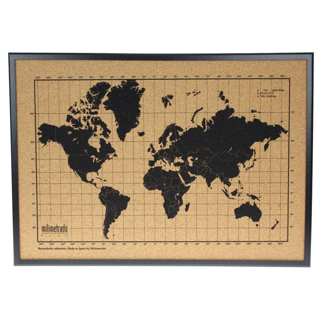 World map Made of Cork, Wall Frame, Black Wooden Frame, World map for Marking Travel, Cork Plate, Original Gifts for Travellers, Designed and Made in Spain by Millimetrad