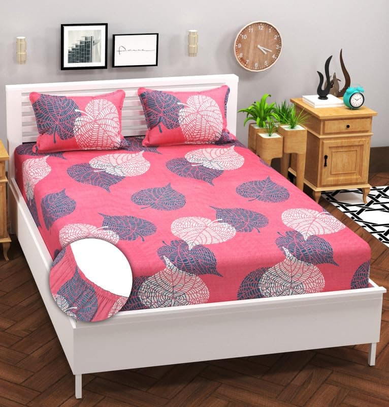 BSB HOME Cotton Feel All Around Elastic Fitted Glace Printed QueenSize Double Bed Bedsheet with 2 Large Pillow Covers Fits Upto Mattress of 8 Inches,Size-60 x 78 + 10 Inches, Light Pink & Grey