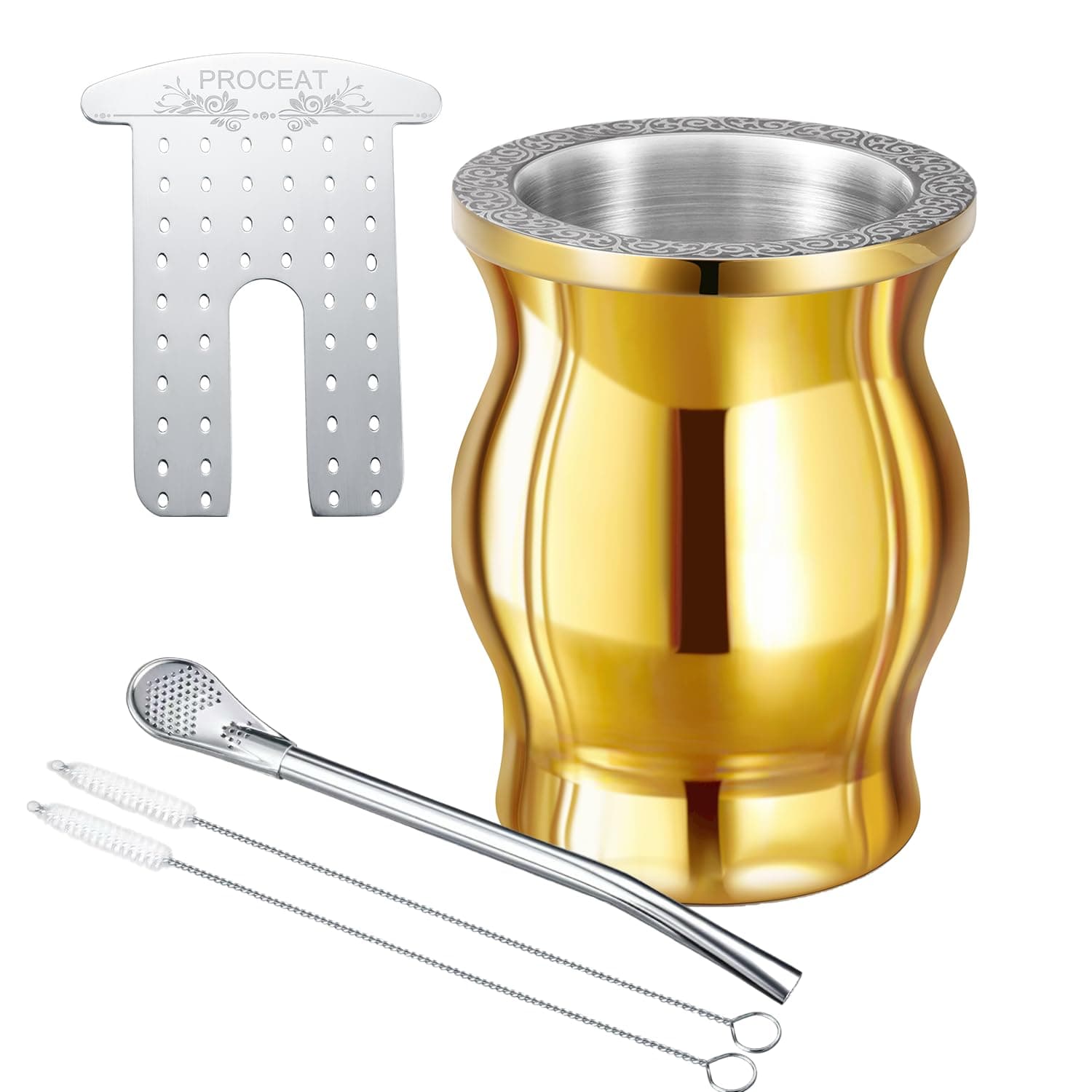 Yerba Mate Cup Set Gold, Highly Polished Mirror Finish, Mate Gourd - 8.5 oz, Includes Mate Cup Double Wall Stainless Steel, Bombilla(Straw), Mate Tea Filter, Cleaning Brush | (Gold)